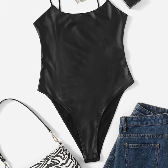 Spaghetti Strap Leather Body Suit Black - Picture 1 of 3